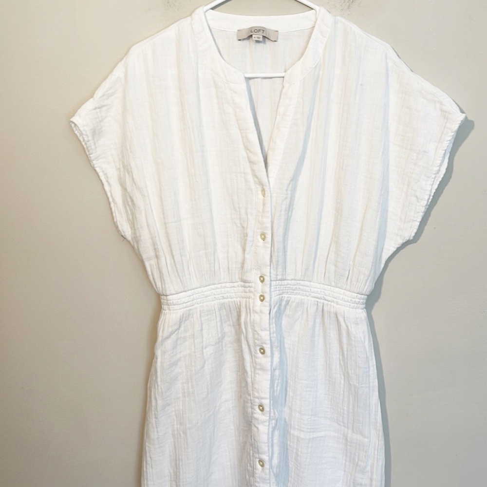 Ann Taylor LOFT white cotton gauzy button down shirt midi dress women size M - Picture 6 of 8